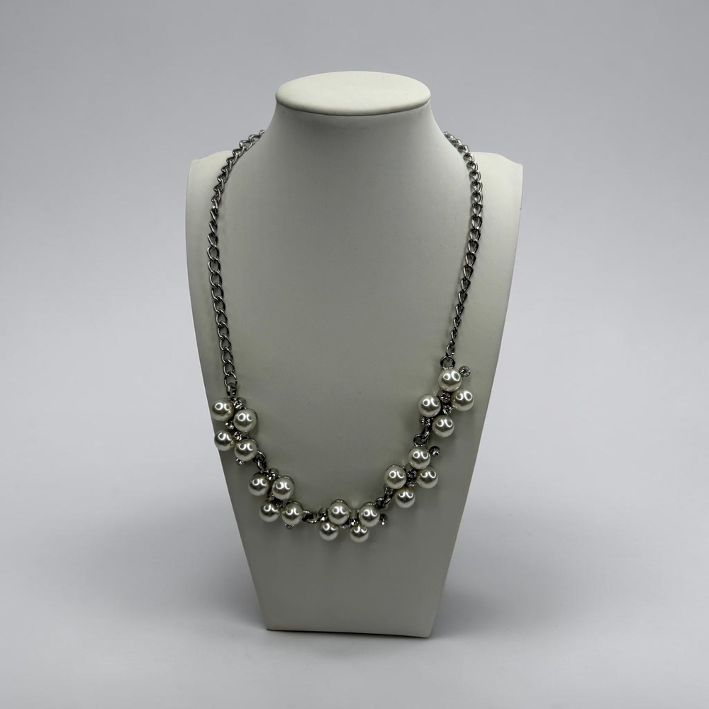 Faux Pearl Cluster Bib Necklace Silver Tone Rhinestone Accent Adjustable Chain